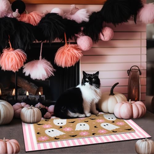 Tinideya 2 Pcs Door Mat Welcome Non Slip Coir Mats Floor Layering Doormats Seasonal for Front Porch Entryway DecorFlower Ghost - Image 3
