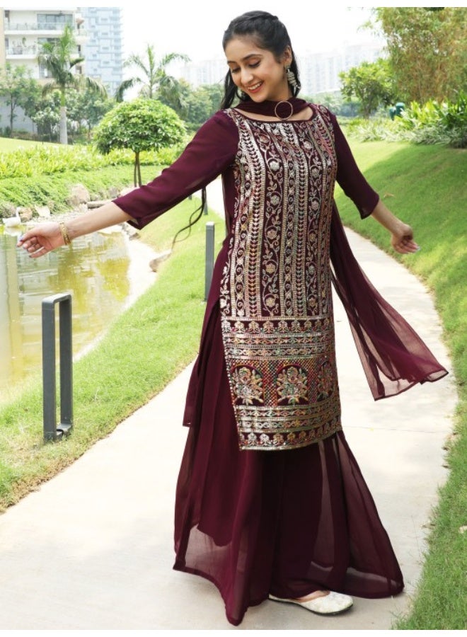 AKS Maroon Sequence Work Kurta With Solid Sharara & Dupatta - Image 1