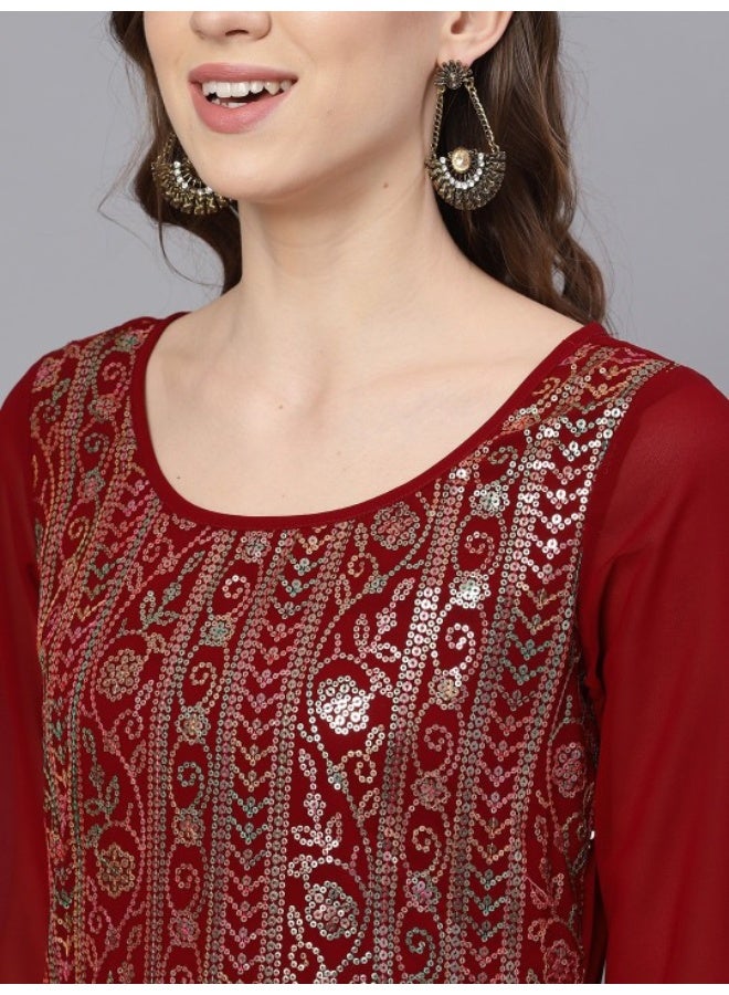 AKS Maroon Sequence Work Kurta With Solid Sharara & Dupatta - Image 2