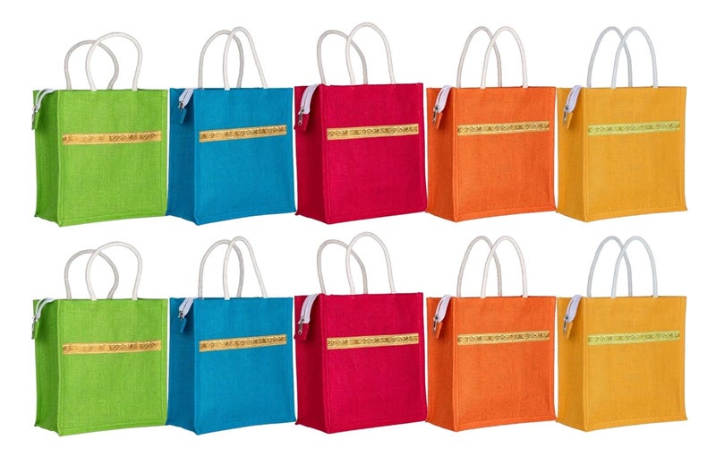 SOMAN Jute Ecofriendly Return Gift Bags Trendy Lace Multicolor with Zip Pack of 10 Bags - Image 1
