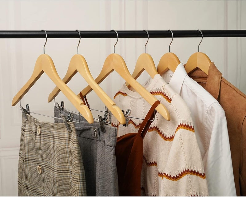 HOUISM HOUSM 16Pack Wooden Skirt Hangers with Clips, Solid Wood Pants Hangers, Natural, Smooth Finish, High-Grade Selected Wood, Sturdy Metal Clips for Blouse, Dress, Coat, Jacket - Image 5
