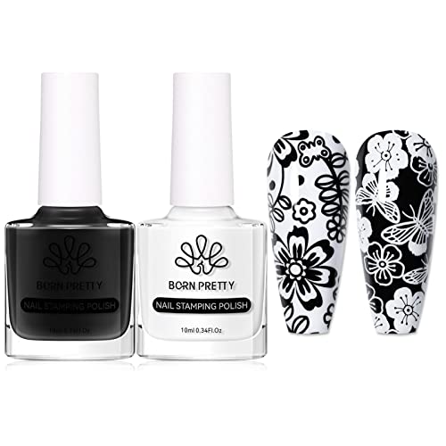 BORN PRETTY Nail Art Stamping Polish White Black Manicure Image Stamp Polish Set Print Polish Varnish 2 Bottles 10ml 034fl oz - Image 2