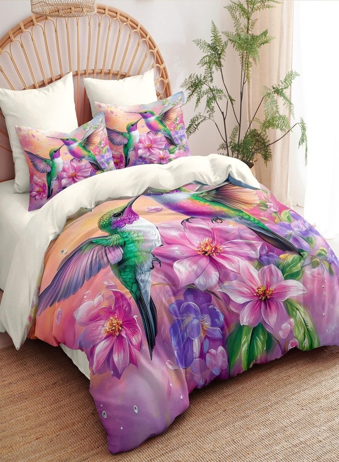 CCoutueChen Hummingbird Comforter Set Queen Size, Gorgeous Pink Floral Bedding for Women Girls, Natural Bird Flower Pattern - 3Pcs Soft Fluffy Microfiber Quilt Set with 2 Pillowcases(90 * 90) - Image 1