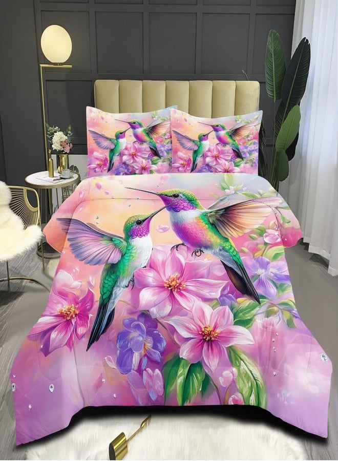 CCoutueChen Hummingbird Comforter Set Queen Size, Gorgeous Pink Floral Bedding for Women Girls, Natural Bird Flower Pattern - 3Pcs Soft Fluffy Microfiber Quilt Set with 2 Pillowcases(90 * 90) - Image 3