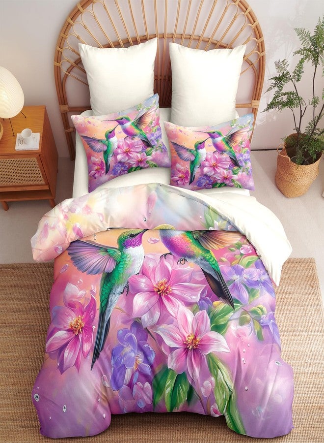 CCoutueChen Hummingbird Comforter Set Queen Size, Gorgeous Pink Floral Bedding for Women Girls, Natural Bird Flower Pattern - 3Pcs Soft Fluffy Microfiber Quilt Set with 2 Pillowcases(90 * 90) - Image 4