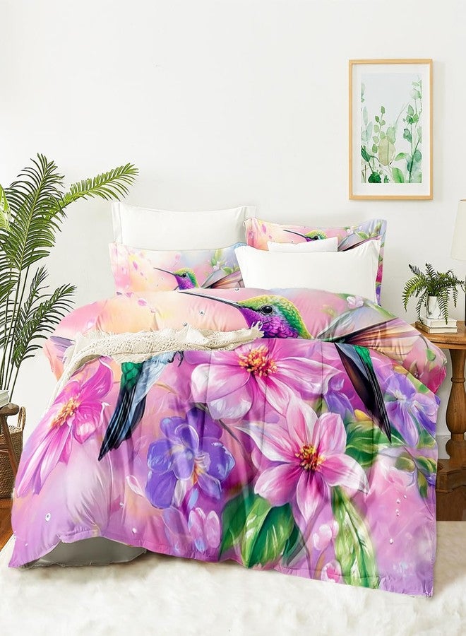 CCoutueChen Hummingbird Comforter Set Queen Size, Gorgeous Pink Floral Bedding for Women Girls, Natural Bird Flower Pattern - 3Pcs Soft Fluffy Microfiber Quilt Set with 2 Pillowcases(90 * 90) - Image 2