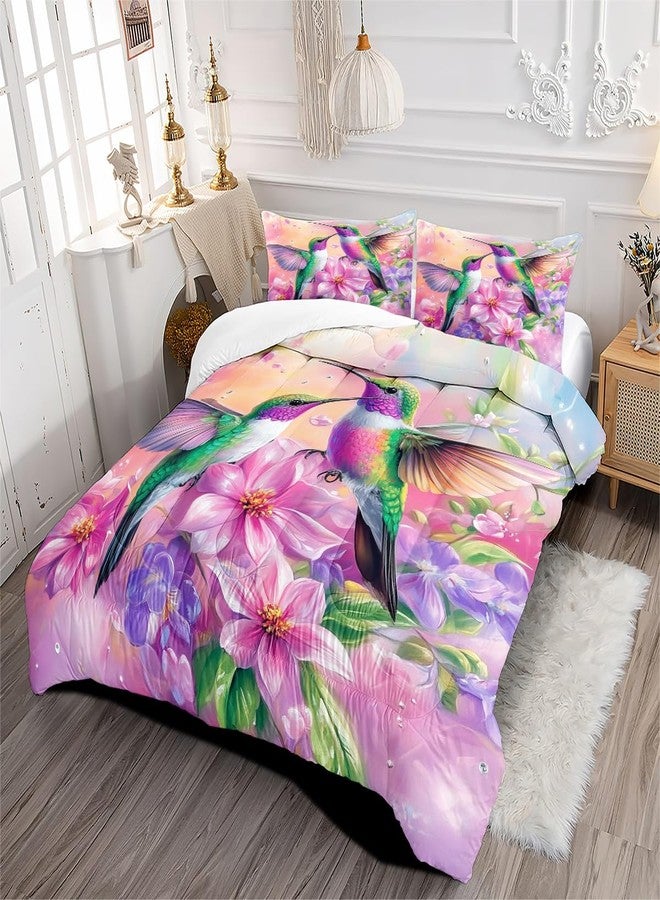 CCoutueChen Hummingbird Comforter Set Queen Size, Gorgeous Pink Floral Bedding for Women Girls, Natural Bird Flower Pattern - 3Pcs Soft Fluffy Microfiber Quilt Set with 2 Pillowcases(90 * 90) - Image 5