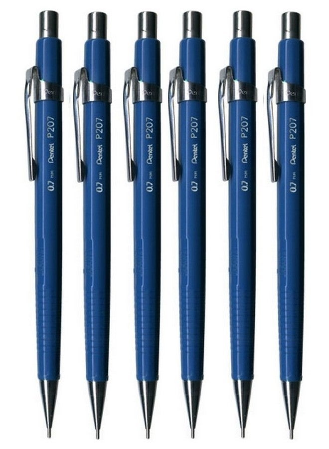 قلم رصاص ميكانيكي أوتوماتيكي من سلسلة P200 مقاس 0.7 مم (P207-C) أزرق، وممحاة قابلة لإعادة التعبئة (عبوة من 6 قطع)