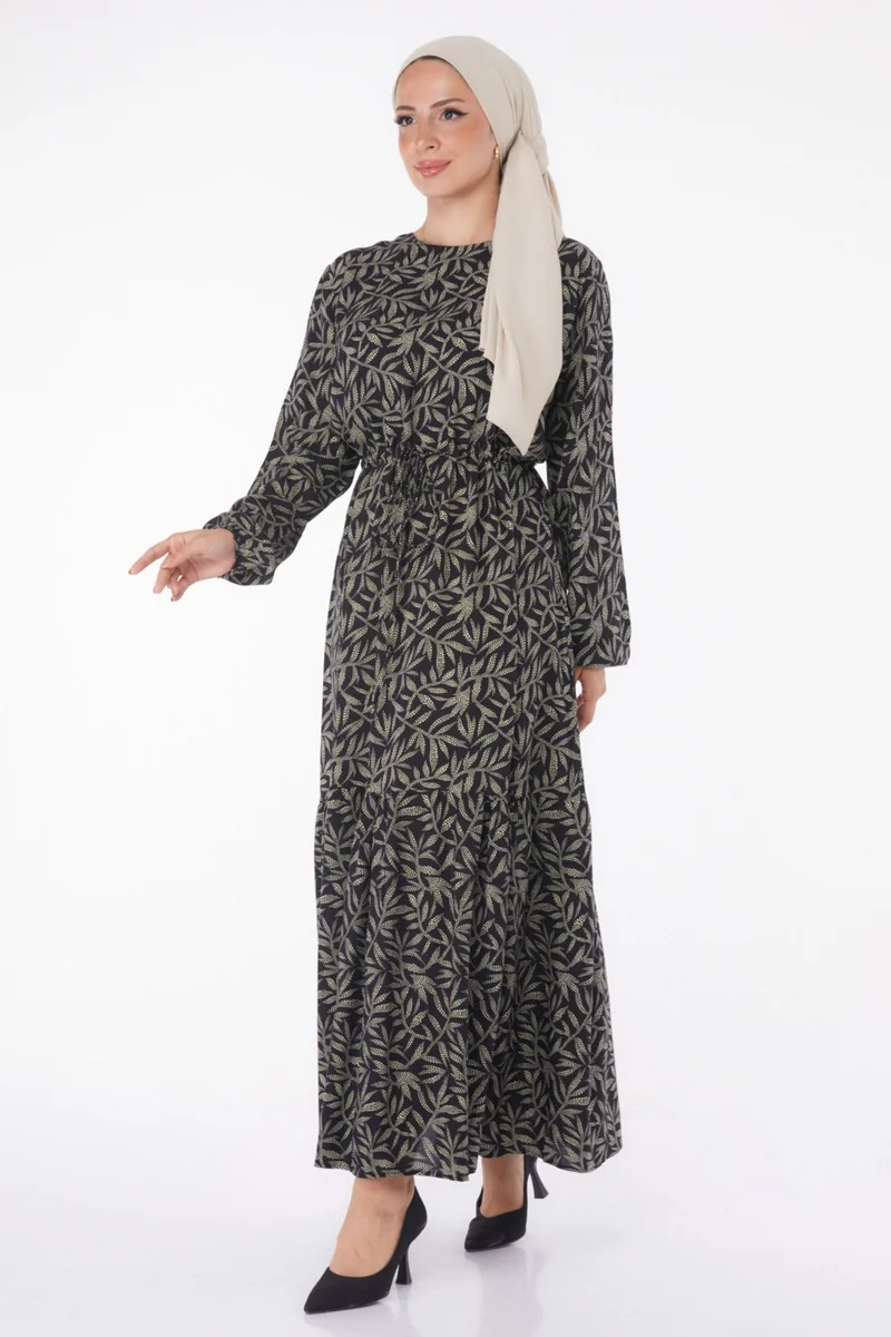 Tofisa Plain Crew Neck Women's Beige Leaf Patterned Dress - 25751
