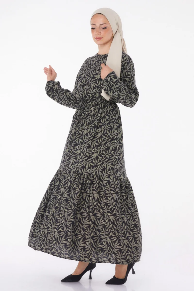 Tofisa Plain Crew Neck Women's Beige Leaf Patterned Dress - 25751