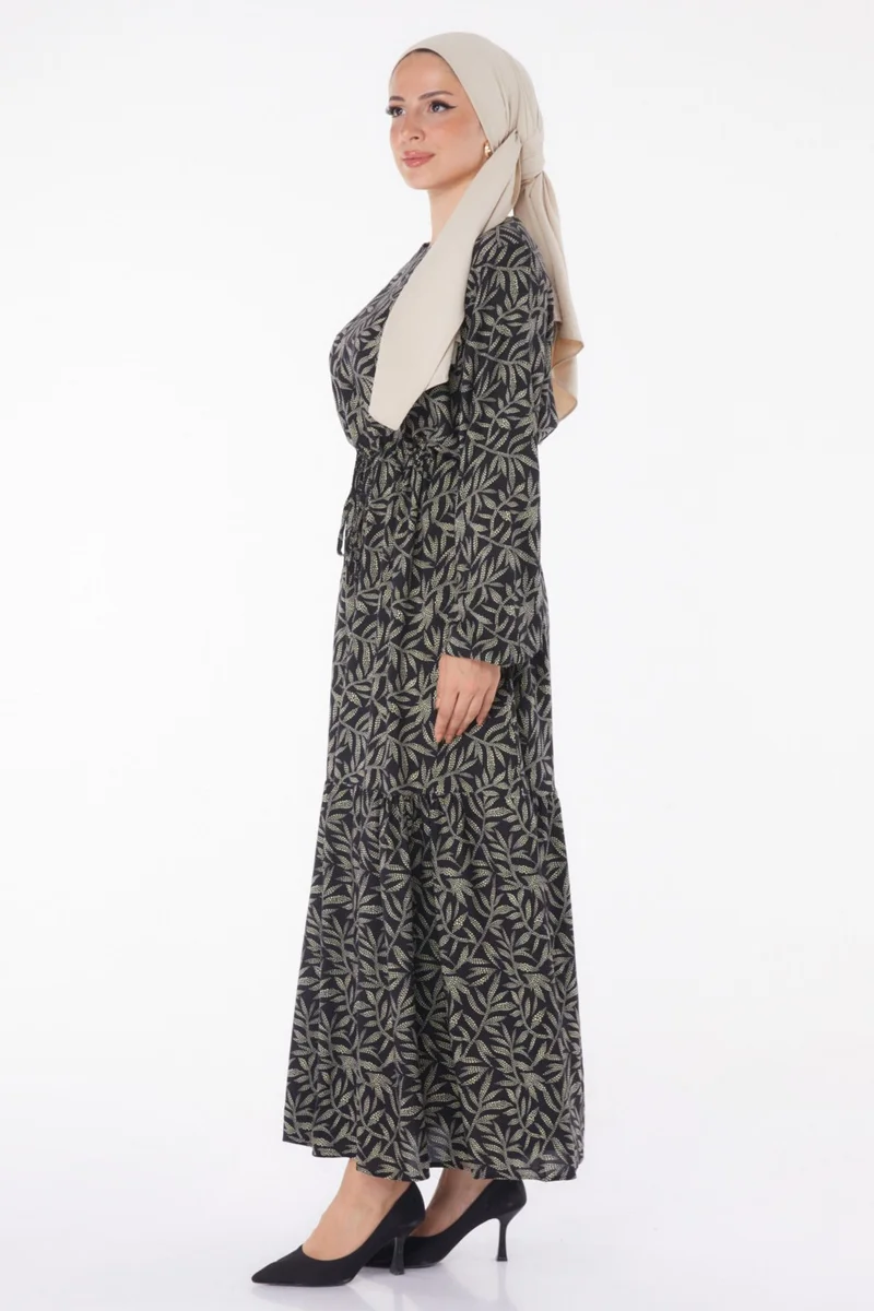 Tofisa Plain Crew Neck Women's Beige Leaf Patterned Dress - 25751