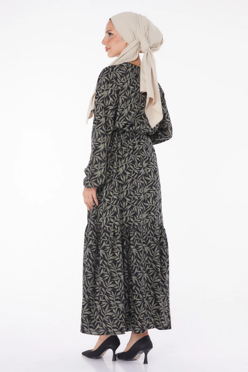 Tofisa Plain Crew Neck Women's Beige Leaf Patterned Dress - 25751