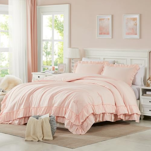 Cupocupa Blush Pink Comforter Set Queen, 3Pcs Comforters Queen Size Ruffle Farmhouse Bedding Sets Queen with Comforter, Lightweight Soft Shabby Chic Bedding Comforter Set Fluffy for All Season - Image 1