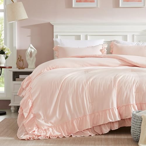 Cupocupa Blush Pink Comforter Set Queen, 3Pcs Comforters Queen Size Ruffle Farmhouse Bedding Sets Queen with Comforter, Lightweight Soft Shabby Chic Bedding Comforter Set Fluffy for All Season - Image 3