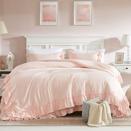Cupocupa Blush Pink Comforter Set Queen, 3Pcs Comforters Queen Size Ruffle Farmhouse Bedding Sets Queen with Comforter, Lightweight Soft Shabby Chic Bedding Comforter Set Fluffy for All Season - Image 2