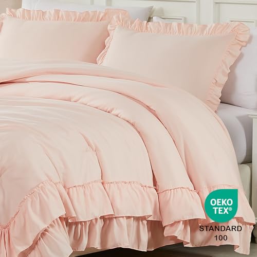 Cupocupa Blush Pink Comforter Set Queen, 3Pcs Comforters Queen Size Ruffle Farmhouse Bedding Sets Queen with Comforter, Lightweight Soft Shabby Chic Bedding Comforter Set Fluffy for All Season - Image 4