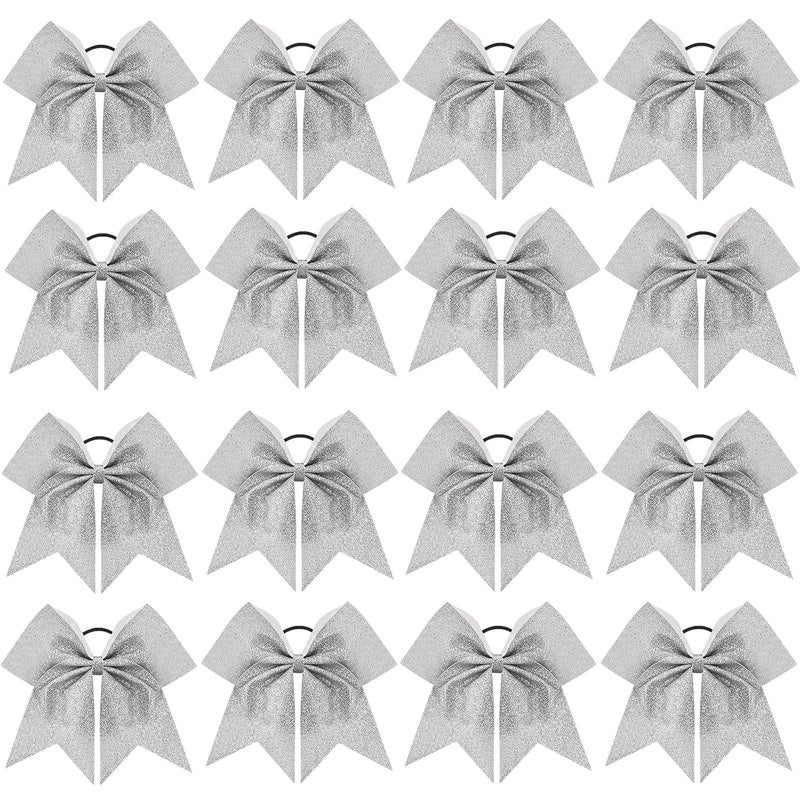CN 16 PCS 8 Large Glitter Cheer Bows for Cheerleaders CN Sparkly Hair Bows with Elastic Hair Ties Accessories for Teens Girls Women Cheerleading Softball Competition Sports Silver