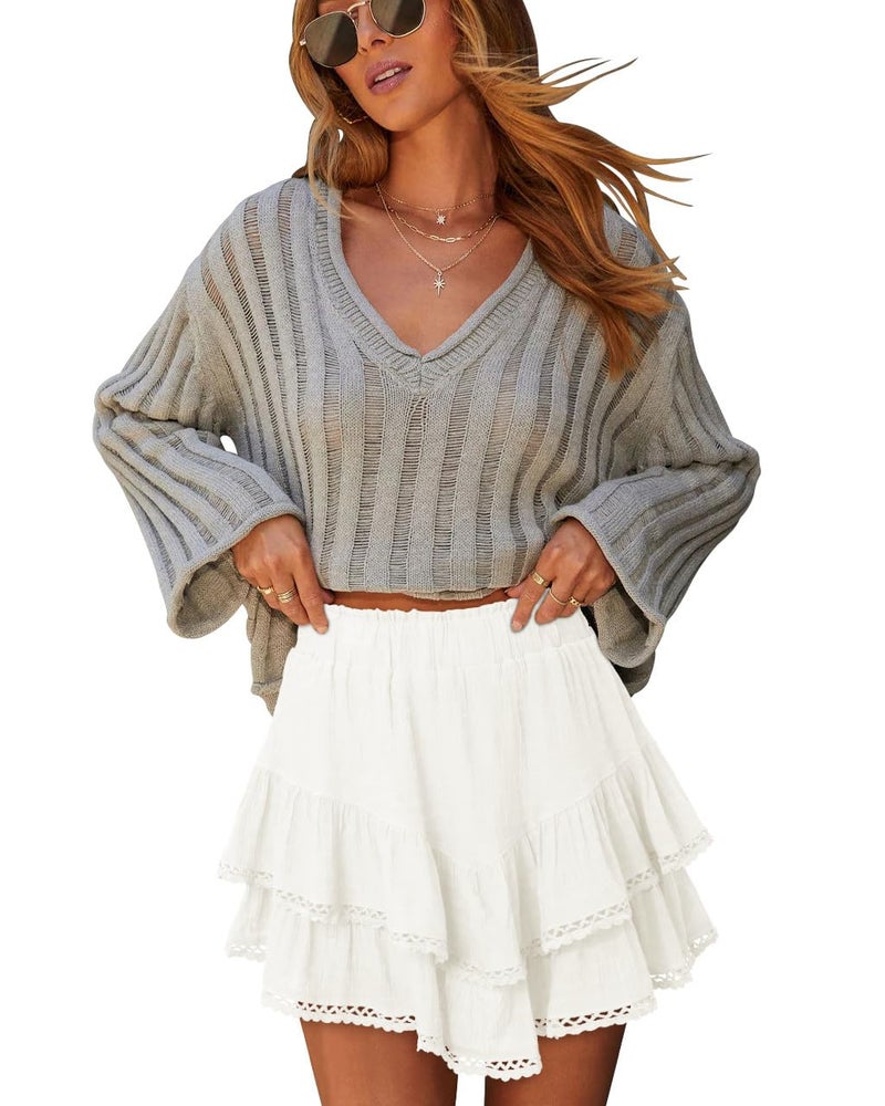 onlypuff Flowy Shorts for Women Ruffle Skorts Cute Mini Skirts Country Concert Outfits Coastal Cowgirl Coachella Outfits Tennis Skort White L - Image 4
