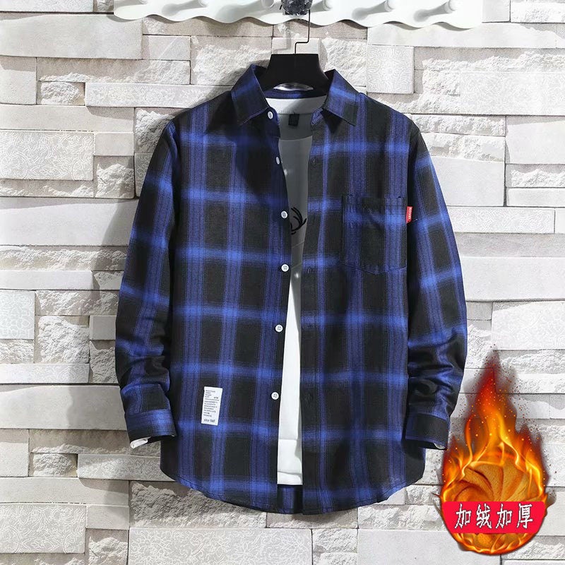 2023 fleece-lined thick thermal shirt mens plaid casual shirt brushed youth Korean-style slim-fit fleece shirt Blue 9005 [Velvet]]