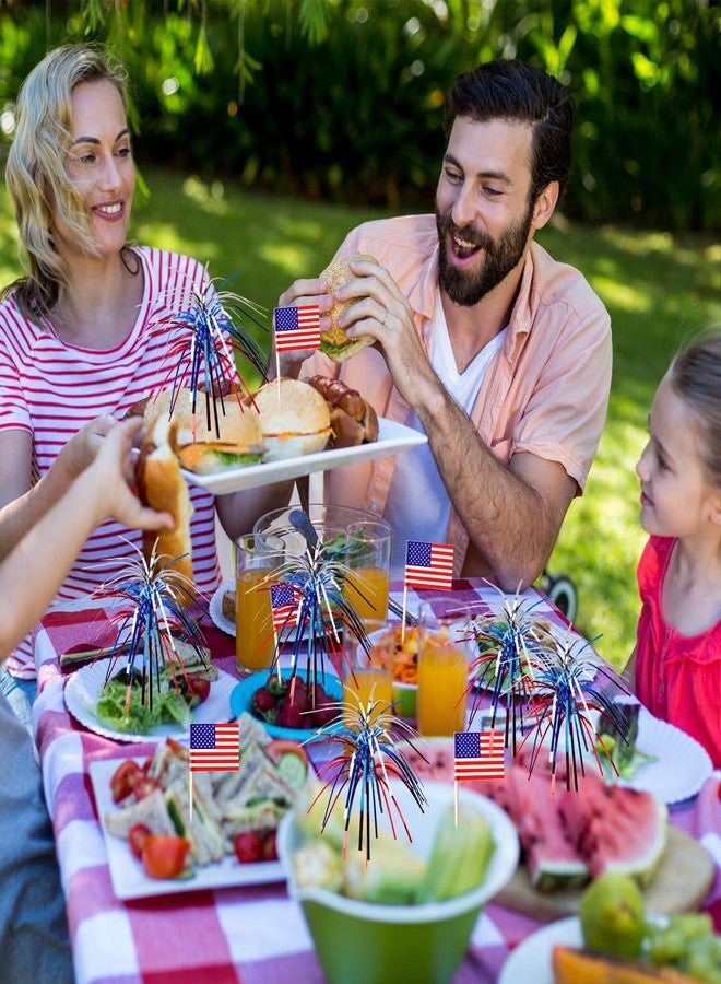 BOARDFEB ١٥٠ قطعة من أعواد الأسنان لتزيين الكب كيك بمناسبة عيد الاستقلال، بألوان الأحمر والأبيض والأزرق والألعاب النارية والكوكتيلات وعلم أمريكا، مثالية لتزيين المقبلات والكعك والمشروبات في حفلات عيد الاستقلال. - Image 4