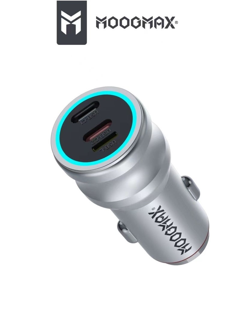 MOOGMAX - 65W car charger, with two Type-C PD ports that support fast charging and an iPhone lightning port for using the iPhone cable to charge your Android phone. in Silver colour from Moogmax - Image 1