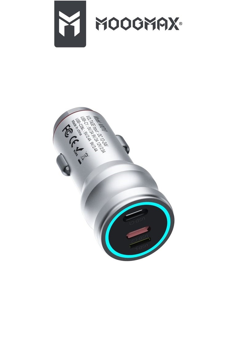 MOOGMAX - 65W car charger, with two Type-C PD ports that support fast charging and an iPhone lightning port for using the iPhone cable to charge your Android phone. in Silver colour from Moogmax - Image 1