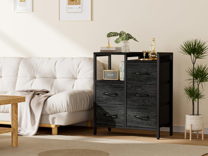 Furnulem 5 Drawer Black Dressers for Bedroom 2 Tier Shelf Storage Small Fabric Dresser for Closet Sturdy Metal Frame Modern Style Storage Cabinets Organization Units for Hallway Rooms - Image 5