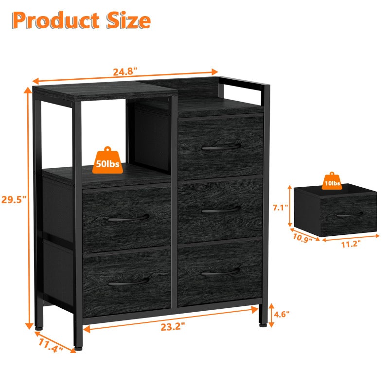 Furnulem 5 Drawer Black Dressers for Bedroom 2 Tier Shelf Storage Small Fabric Dresser for Closet Sturdy Metal Frame Modern Style Storage Cabinets Organization Units for Hallway Rooms - Image 2