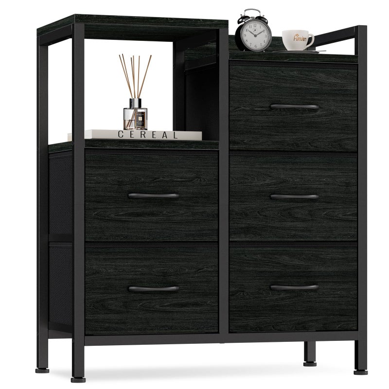 Furnulem 5 Drawer Black Dressers for Bedroom 2 Tier Shelf Storage Small Fabric Dresser for Closet Sturdy Metal Frame Modern Style Storage Cabinets Organization Units for Hallway Rooms - Image 1