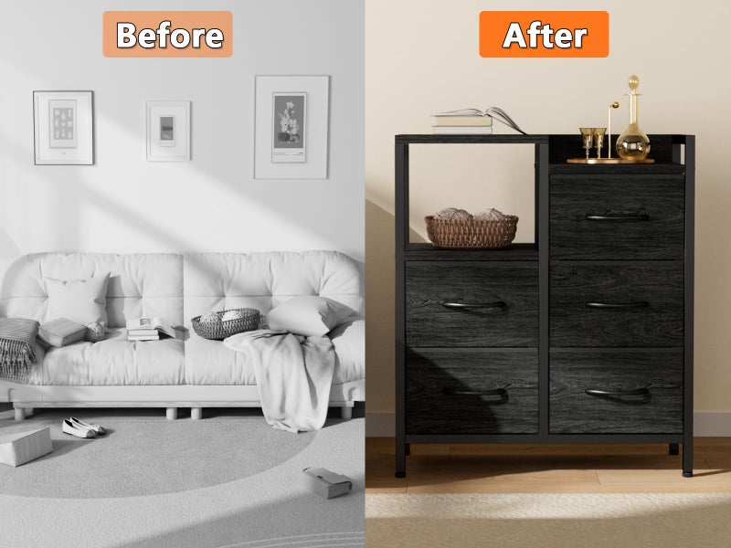 Furnulem 5 Drawer Black Dressers for Bedroom 2 Tier Shelf Storage Small Fabric Dresser for Closet Sturdy Metal Frame Modern Style Storage Cabinets Organization Units for Hallway Rooms - Image 3