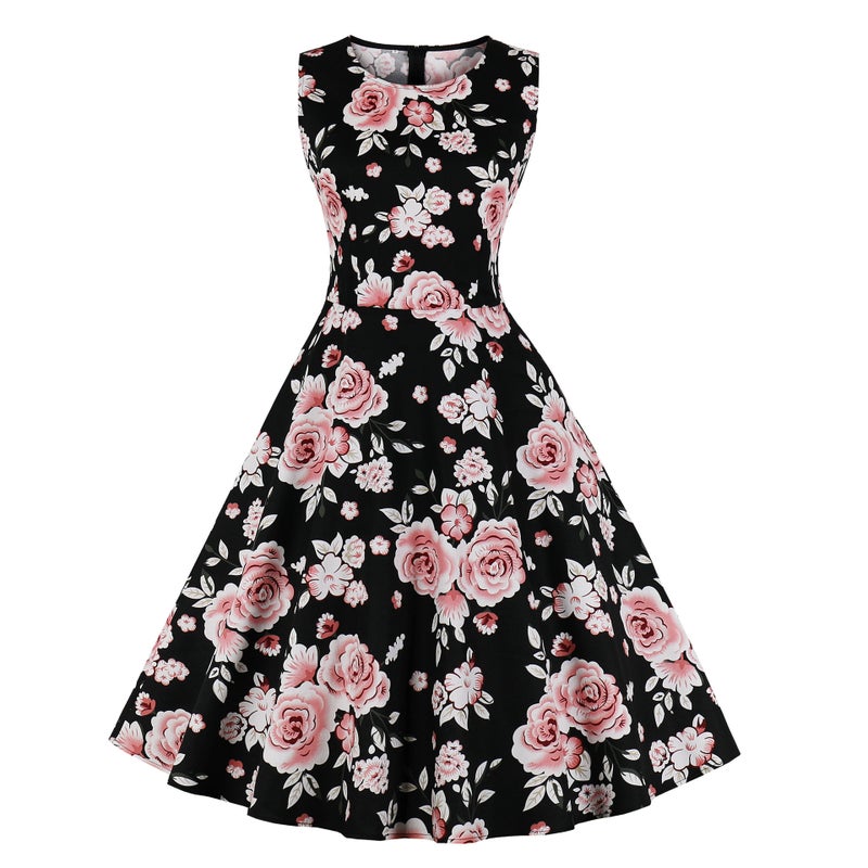 European Round Neck Sleeveless Flared Printed Dress - Image 4