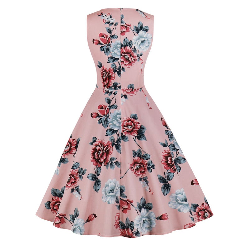 European Round Neck Sleeveless Flared Printed Dress - Image 2