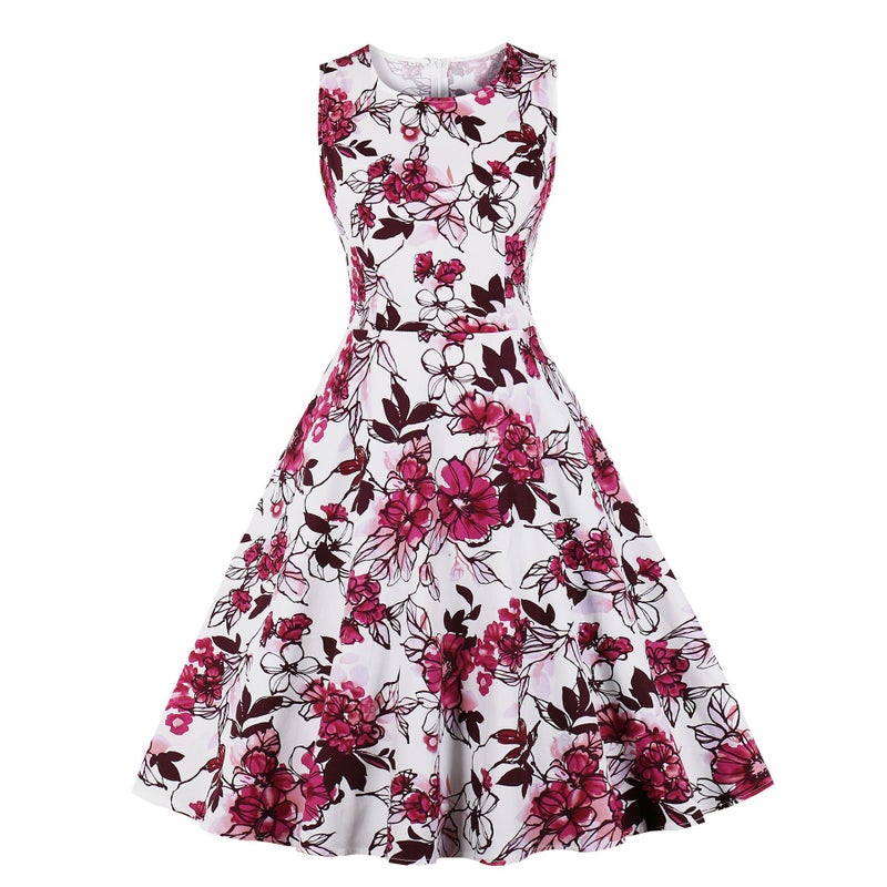 European Round Neck Sleeveless Flared Printed Dress - Image 3