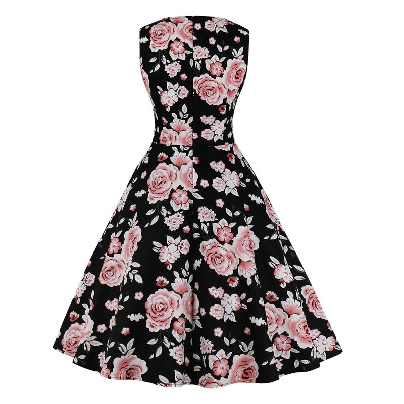 European Round Neck Sleeveless Flared Printed Dress - Image 5