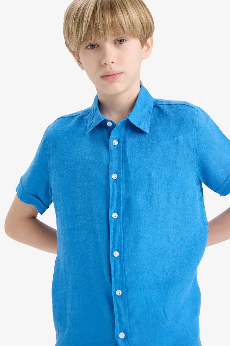 DeFacto Boy Regular Fit Polo Neck Linen Short Sleeve Shirt