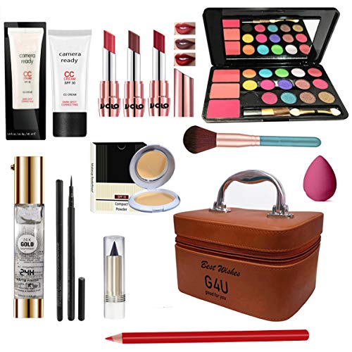 G4U All In One Makeup Kit (3 Lipstick,1 EyeShadow,1 CC Cream, Compact,Primer,Pen Liner,Kajal, Lip Liner, 1 Makeup Brush,1 Makeup Puff,1 Multi-purpose Makeup Box) Hot Red Dark Pack of 13 Pcs. - Image 1