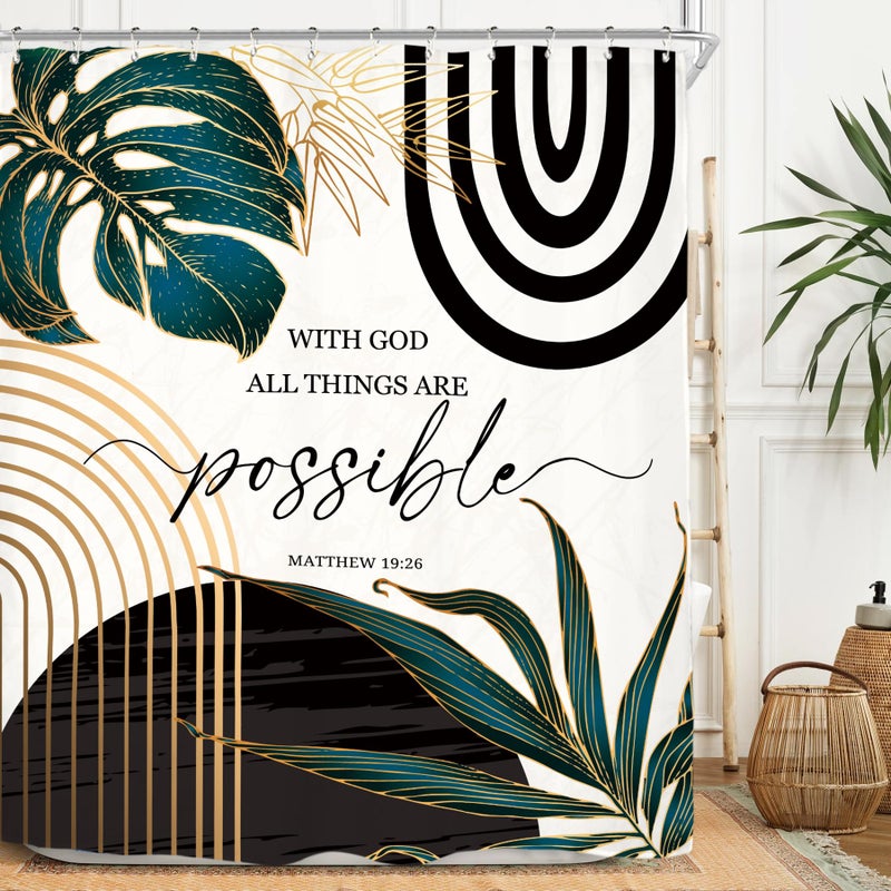 Miyotaa Abstract Bible Quotes Shower Curtain Set 60Wx71H Inches Minimalist Aesthetic Modern Contemporary Inspirational Motivational Positive Polyester Waterproof Bathroom Curtain with 12 Hooks - Image 2