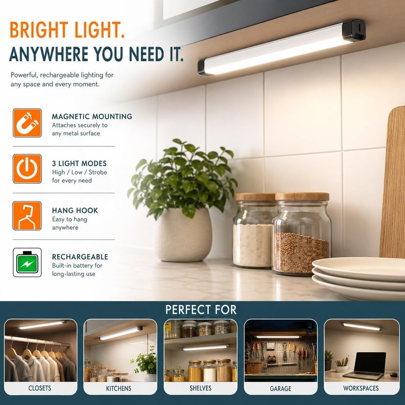 Hasanat Essentials 20" Rechargeable LED Light Bar - 270 Lumens Magnetic Under Cabinet Light - Image 4