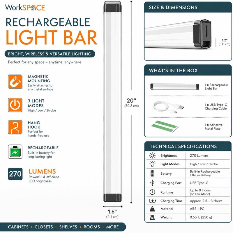 Hasanat Essentials 20" Rechargeable LED Light Bar - 270 Lumens Magnetic Under Cabinet Light - Image 2