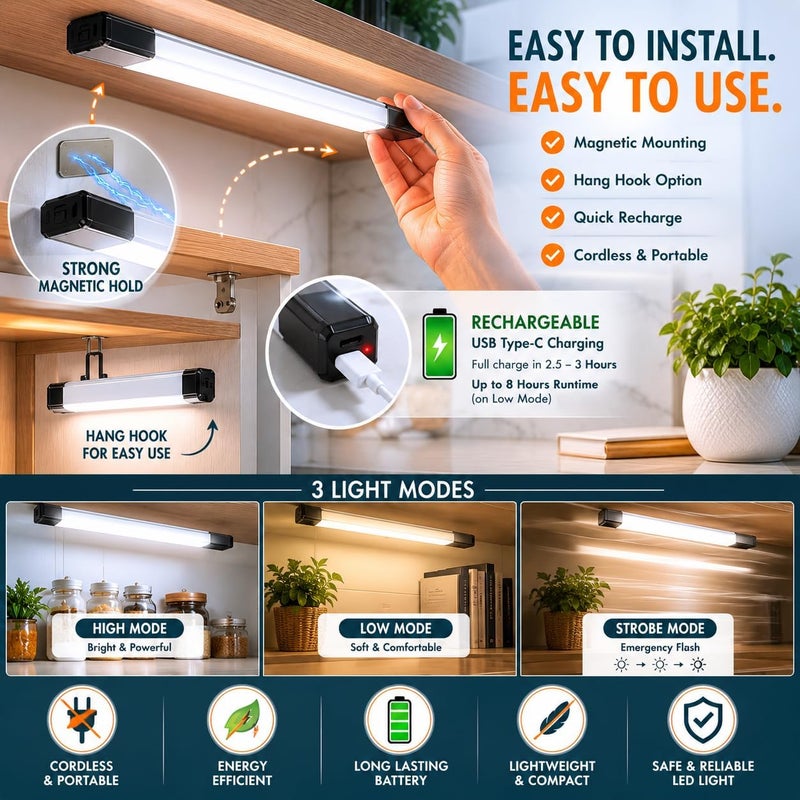 Hasanat Essentials 20" Rechargeable LED Light Bar - 270 Lumens Magnetic Under Cabinet Light - Image 3