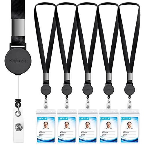 Kaptron Polyester ID Lanyard (5 Pack) - 20 Inch Flat with Retractable Badge Reel and Vertical Name Badge Holder for Offices, School, Driver Licence - Image 1