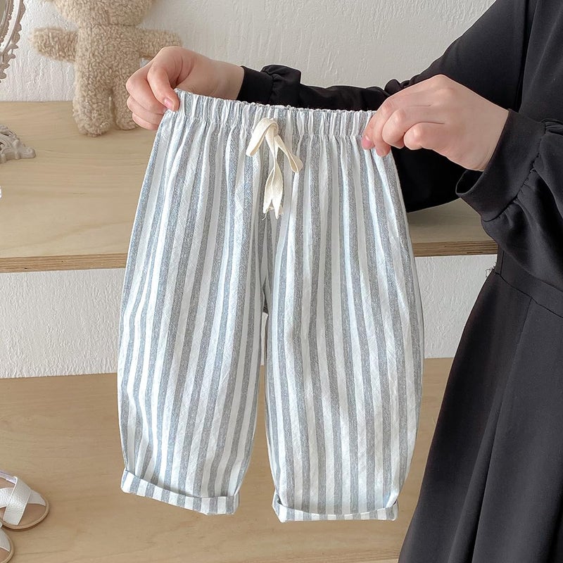 Ashmyova Classic Casual Pants for Boys Thin Cotton Stripe Elastics Waist Spring Summer Trousers Toddler Long Pants 2Pcs Black/Khaki Size 3-4 Years - Image 3