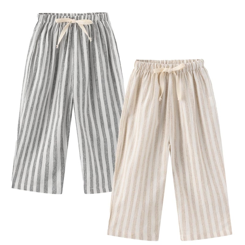 Ashmyova Classic Casual Pants for Boys Thin Cotton Stripe Elastics Waist Spring Summer Trousers Toddler Long Pants 2Pcs Black/Khaki Size 3-4 Years - Image 5