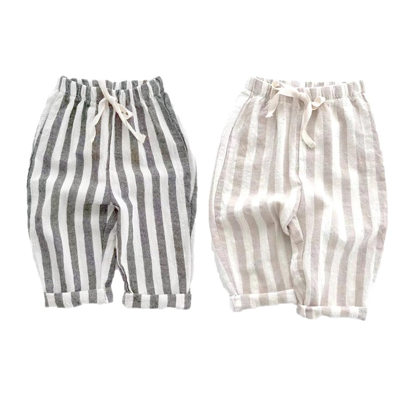 Ashmyova Classic Casual Pants for Boys Thin Cotton Stripe Elastics Waist Spring Summer Trousers Toddler Long Pants 2Pcs Black/Khaki Size 3-4 Years - Image 4