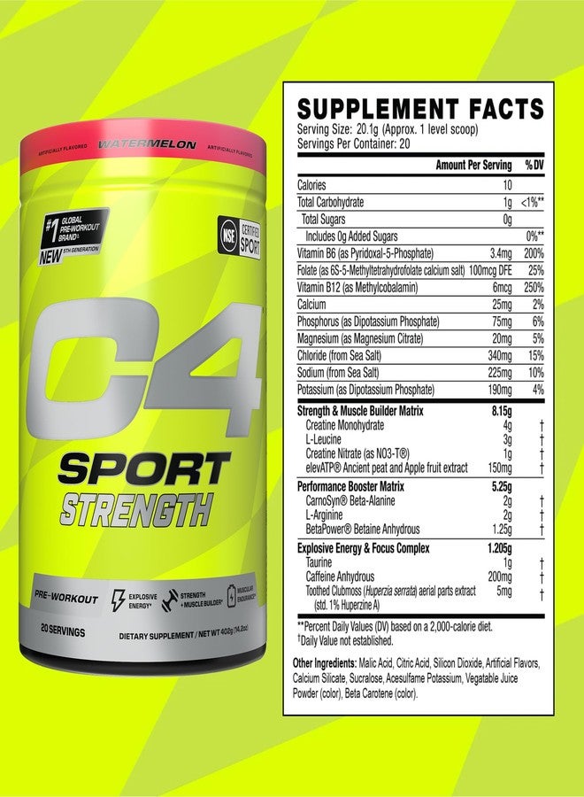 C4 Cellucor C4 Sport Strength Pre Workout Powder - NSF Certified for Sport - Beta-Alanine, Creatine, 200mg Caffeine - Sugar Free Energy Supplement for Men & Women - Watermelon, 20 Servings - Image 3