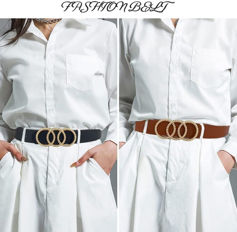 ChicAbode 2PCS Leather Belts with Metal Buckle for Women O-Ring Buckle Women's Belt Fashionable Waist Belt Stylish Leather Belts Dress Belts Jeans Belt Buckle Leather Belt for Jeans Dresses Pants, One Size - Image 2