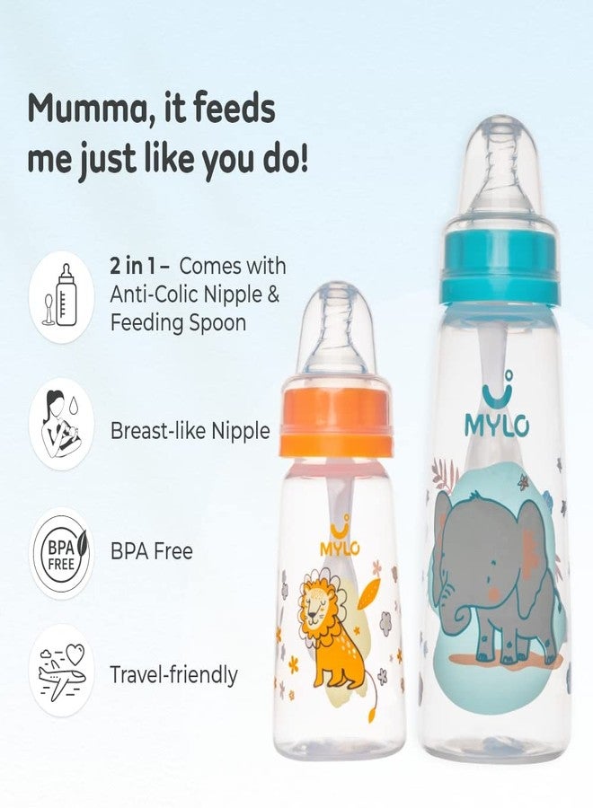 Mylo Baby 2 in 1 Feeding Bottles with Spoon for New Born Baby (125ml + 250ml) | Anti Colic & BPA Free Feeding Bottles | Feels Natural Baby Bottle | Easy Flow Neck Design- Lion + Elephant - Image 2