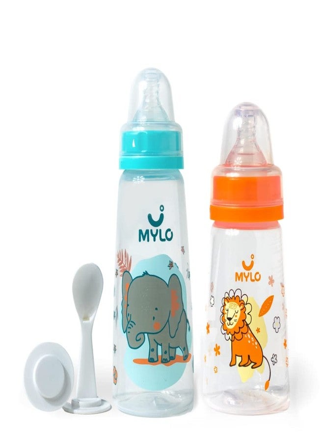 Mylo Baby 2 in 1 Feeding Bottles with Spoon for New Born Baby (125ml + 250ml) | Anti Colic & BPA Free Feeding Bottles | Feels Natural Baby Bottle | Easy Flow Neck Design- Lion + Elephant - Image 1