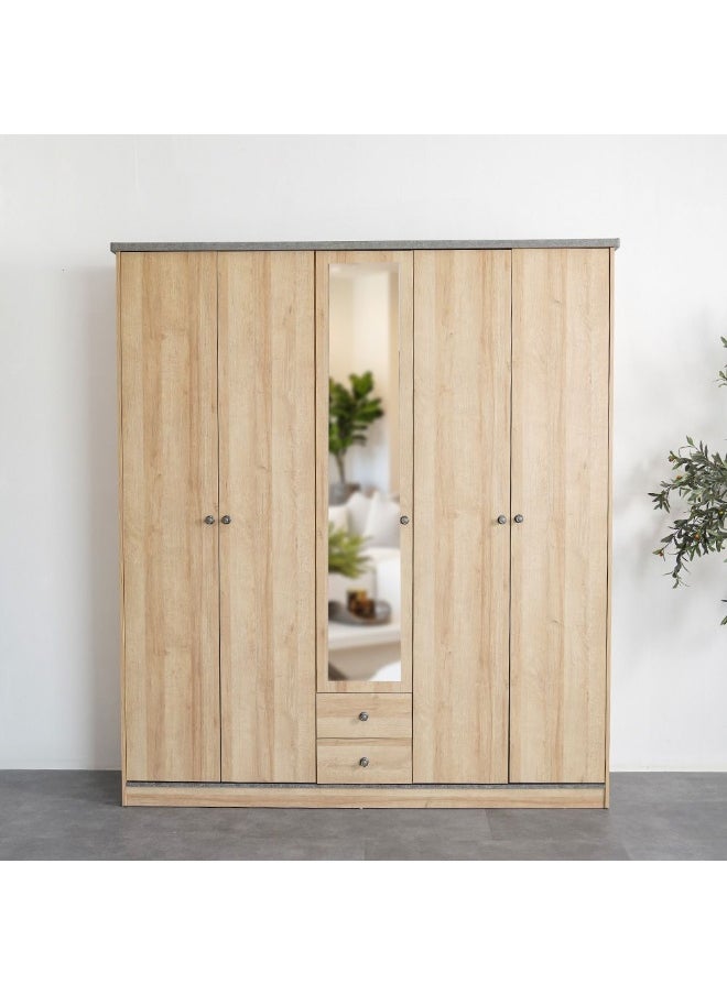 DANUBE HOME Eden 5 Door Wardrobe With 2Drawers And Mirror Sturdy Closet Clothes Storage Cupboard Modern Design Space Saving Swing Door Cabinet For Bedroom L195Xw55Xh220Cm - Oak And Cement  - Image 1