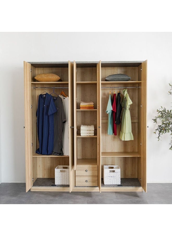 DANUBE HOME Eden 5 Door Wardrobe With 2Drawers And Mirror Sturdy Closet Clothes Storage Cupboard Modern Design Space Saving Swing Door Cabinet For Bedroom L195Xw55Xh220Cm - Oak And Cement  - Image 4
